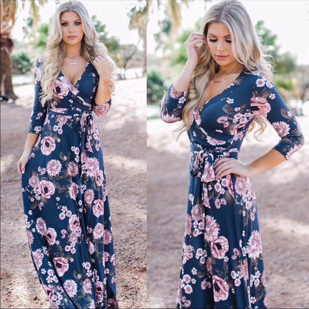 VivaLa Jewels Boutique Maxi Navy Floral Wrap Dress